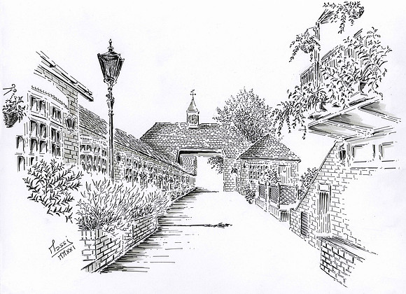 Pen-and-ink artist's impression of the courtyard of the Christopher Hotel Eton, image credit The Christopher Hotel