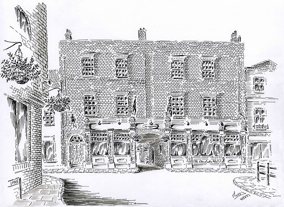Pen-and-ink artist's impression of the front of the Christopher Hotel Eton, image credit The Christopher Hotel
